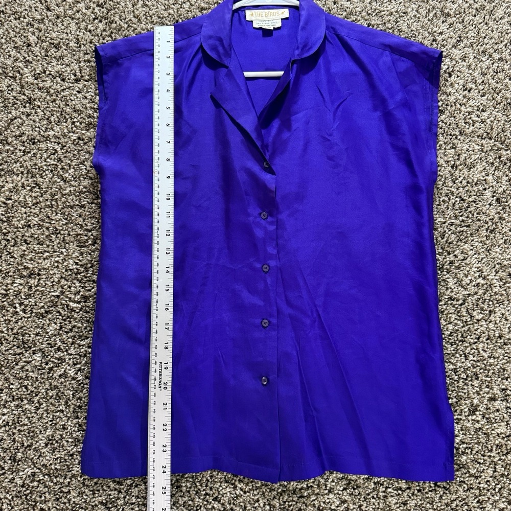 Vintage The Birds 100% Silk Blouse Purple Size 9/10 Made in Hong Kong Sleeveless - Picture 3 of 7
